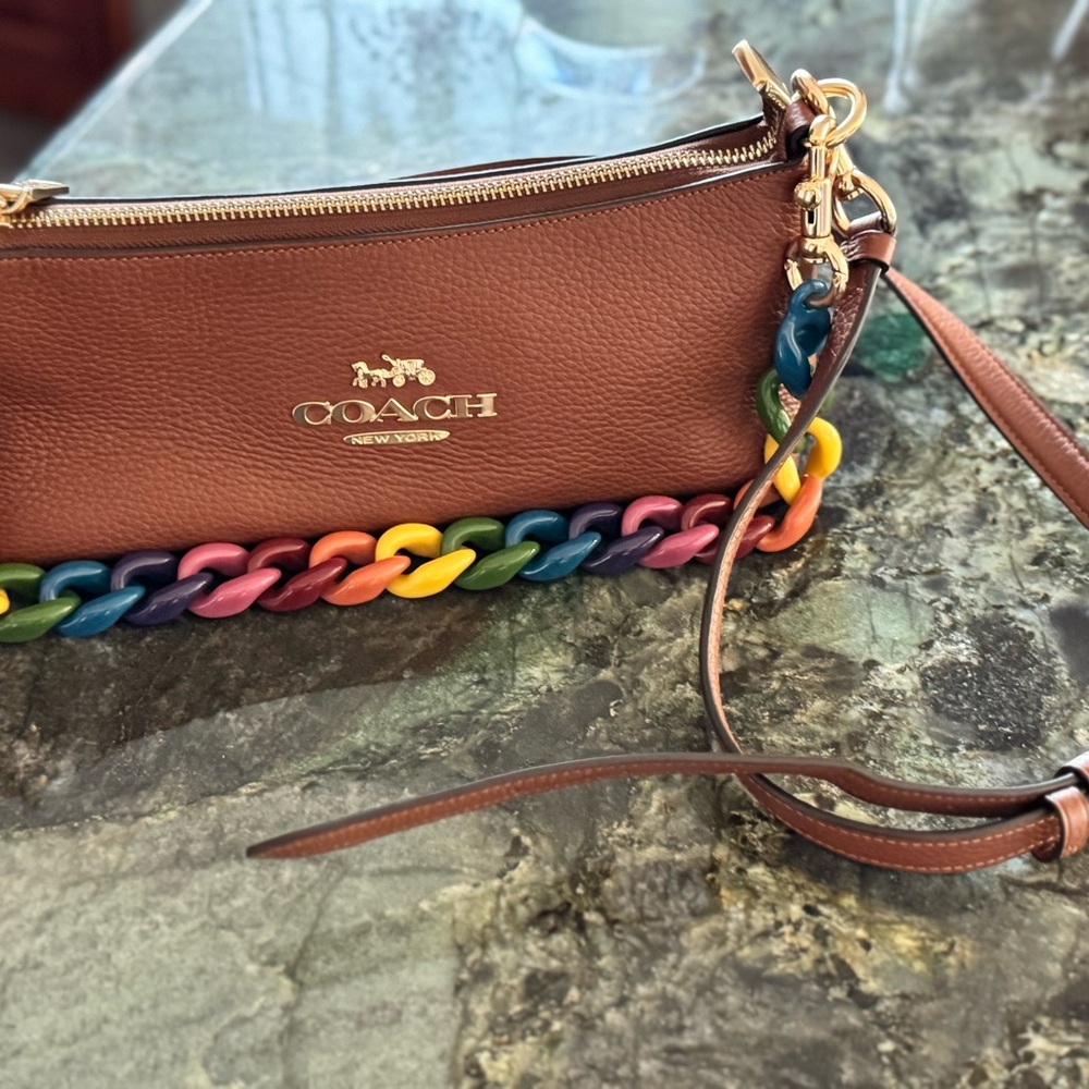 Coach Charlotte Brown Leather Crossbody Bag with Rainbow Chain